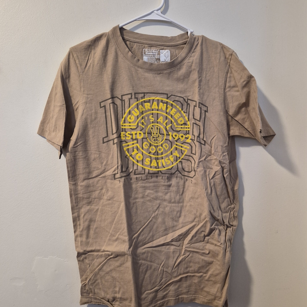 Dutch Bros Tan Graphic Tee with Yellow Design